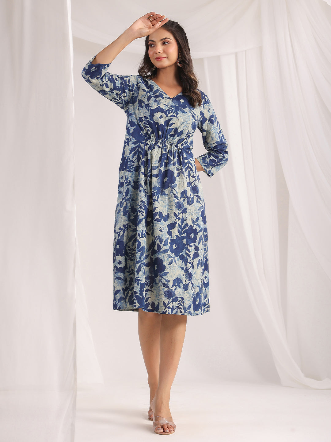 Women's Blue Cotton Floral Panelled Dress