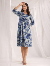 Women's Blue Cotton Floral Panelled Dress