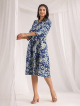Women's Blue Cotton Floral Panelled Dress