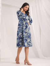 Women's Blue Cotton Floral Panelled Dress
