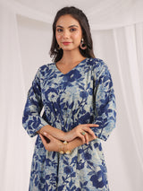 Women's Blue Cotton Floral Panelled Dress