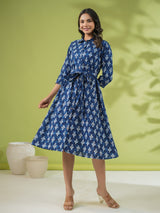 Women's Blue Cotton Ethnic Motifs Button Down Shirt Style Dress