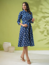 Women's Blue Cotton Ethnic Motifs Button Down Shirt Style Dress
