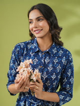 Women's Blue Cotton Ethnic Motifs Button Down Shirt Style Dress
