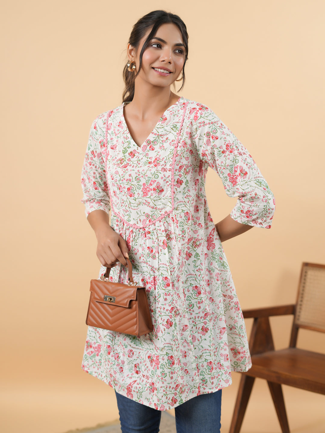 Women's White Cotton Floral A-line Tunic