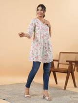 Women's White Cotton Floral A-line Tunic