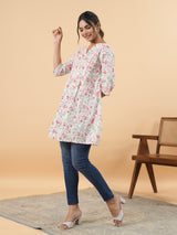 Women's White Cotton Floral A-line Tunic