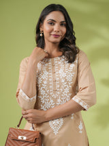 Women's Beige Cotton Chikankari Regular Tunic