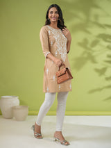 Women's Beige Cotton Chikankari Regular Tunic