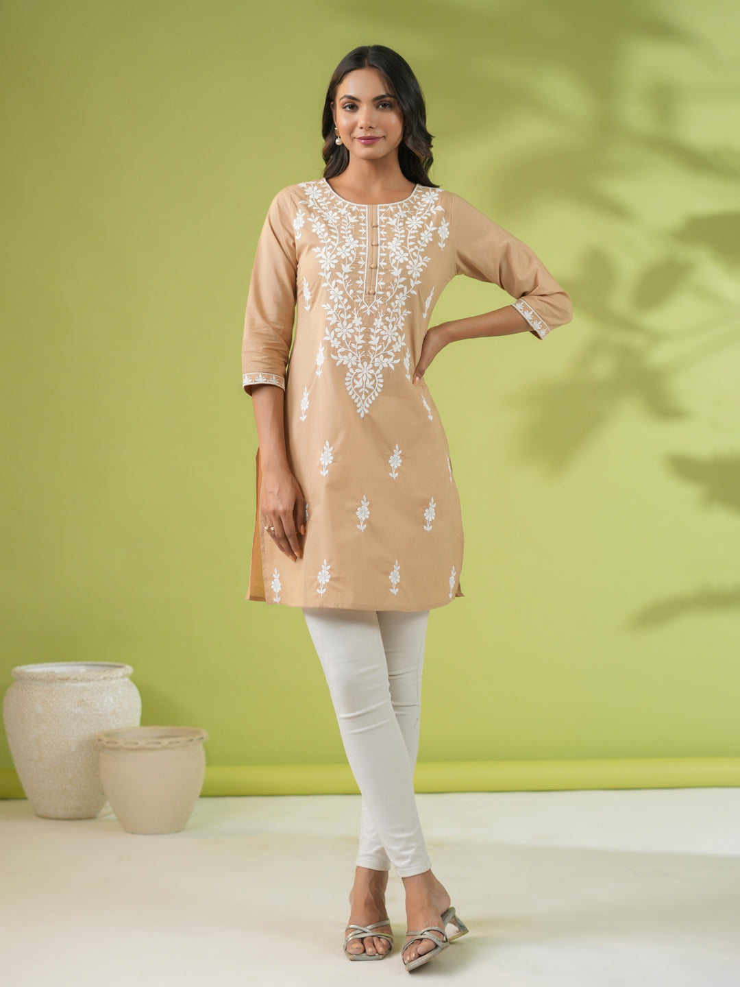 Women's Beige Cotton Chikankari Regular Tunic