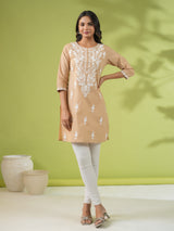 Women's Beige Cotton Chikankari Regular Tunic