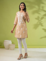 Women's Beige Cotton Chikankari Regular Tunic