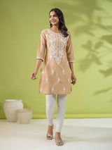 Women's Beige Cotton Chikankari Regular Tunic