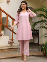 Women's Light Pink Dobby Pure Cotton Self Design A-line Co-ord Set