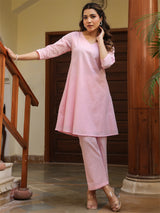 Women's Light Pink Dobby Pure Cotton Self Design A-line Co-ord Set