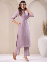Women's Lavender Dobby Pure Cotton Self Design Straight Kurta Pant Set