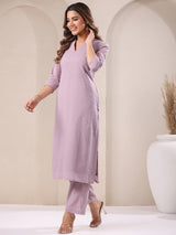 Women's Lavender Dobby Pure Cotton Self Design Straight Kurta Pant Set
