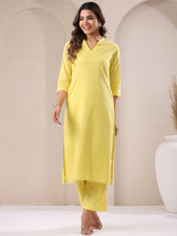 Women's Yellow Dobby Pure Cotton Self Design Straight Kurta Pant Set