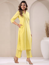 Women's Yellow Dobby Pure Cotton Self Design Straight Kurta Pant Set