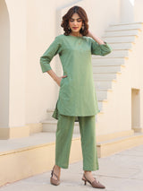Women's Green Cotton Solid A-line Co-ords Set