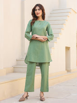 Women's Green Cotton Solid A-line Co-ords Set