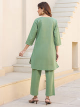 Women's Green Cotton Solid A-line Co-ords Set