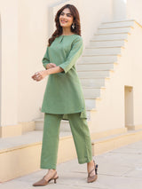 Women's Green Cotton Solid A-line Co-ords Set