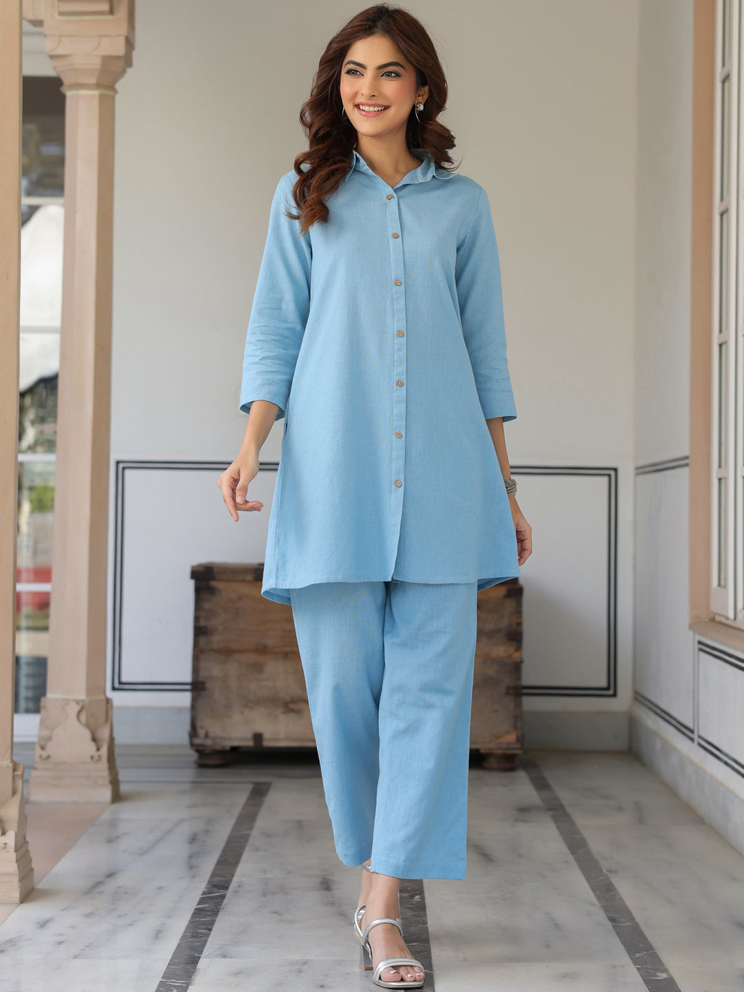 Women's Light Blue Cotton Solid A-line Co-ord Set