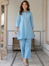 Women's Light Blue Cotton Solid A-line Co-ord Set