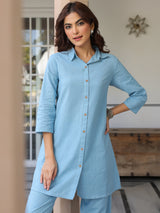 Women's Light Blue Cotton Solid A-line Co-ord Set