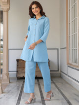 Women's Light Blue Cotton Solid A-line Co-ord Set