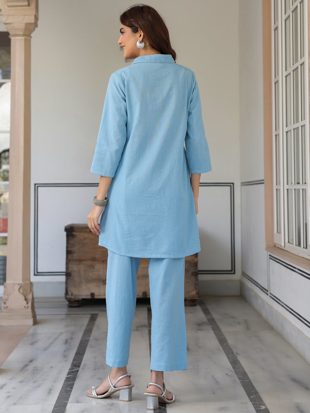 Women's Light Blue Cotton Solid A-line Co-ord Set