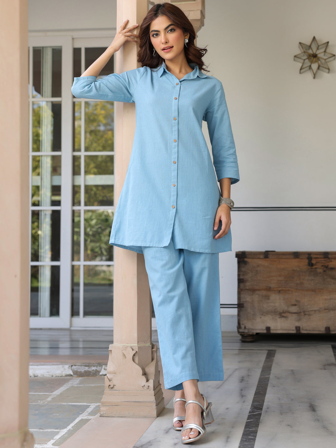 Women's Light Blue Cotton Solid A-line Co-ord Set