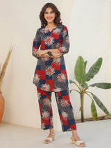 Women's Navy Blue Pure Cotton Geometric Printed Straight Co-ord Set