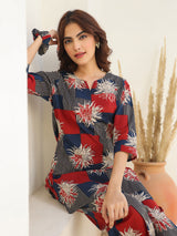 Women's Navy Blue Pure Cotton Geometric Printed Straight Co-ord Set