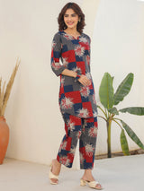 Women's Navy Blue Pure Cotton Geometric Printed Straight Co-ord Set