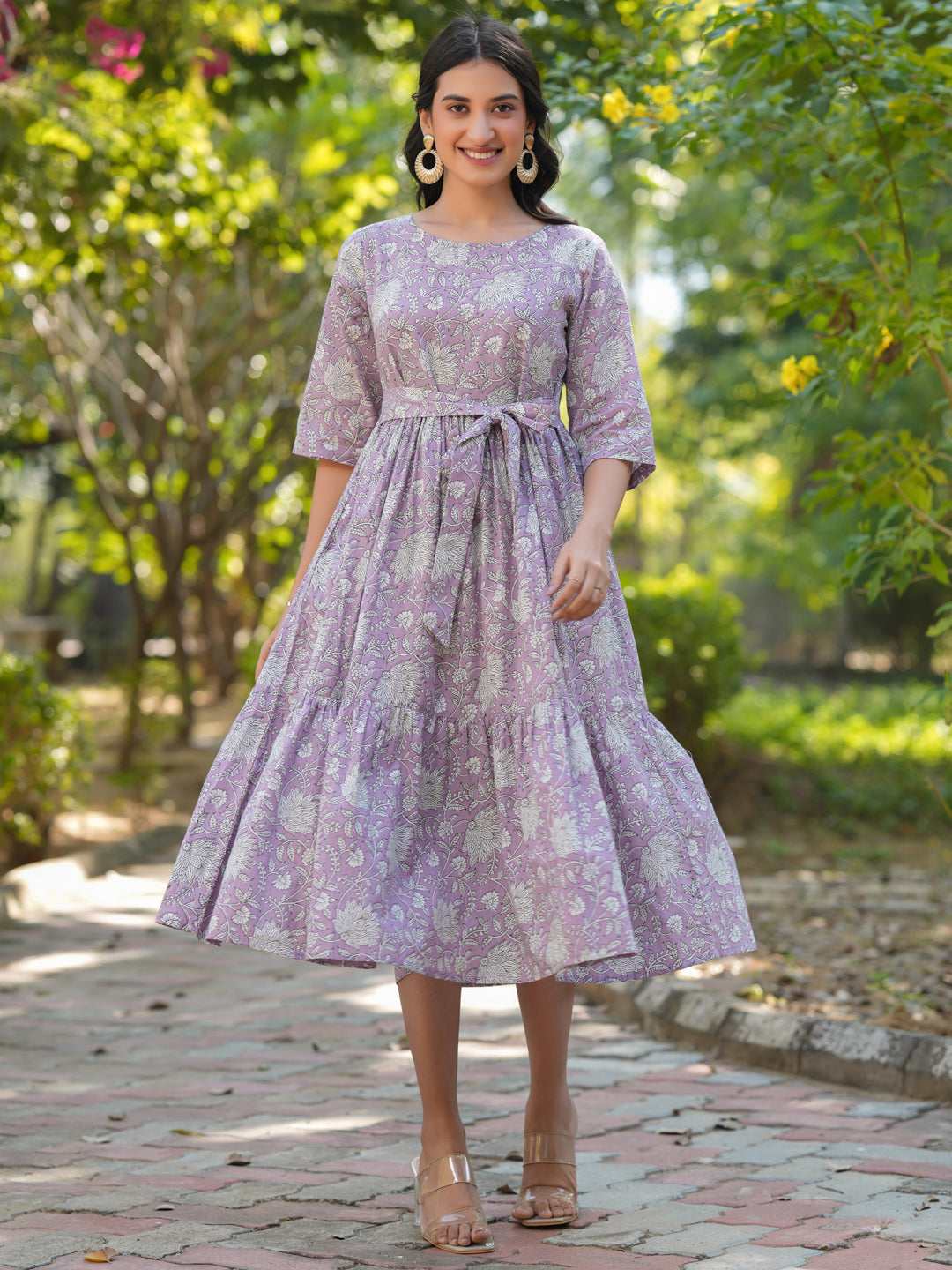 Women's Lavender Pure Cotton Floral Printed Tiered Dress