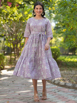 Women's Lavender Pure Cotton Floral Printed Tiered Dress