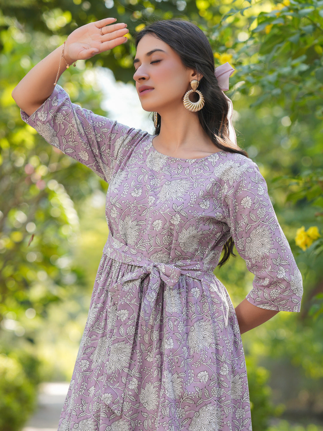 Women's Lavender Pure Cotton Floral Printed Tiered Dress