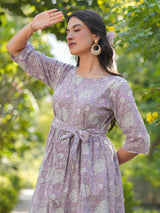 Women's Lavender Pure Cotton Floral Printed Tiered Dress