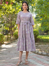 Women's Lavender Pure Cotton Floral Printed Tiered Dress