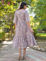 Women's Lavender Pure Cotton Floral Printed Tiered Dress