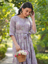 Women's Lavender Pure Cotton Floral Printed Tiered Dress