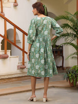 Women's Sage Green Pure Cotton Floral Printed A-line Dress