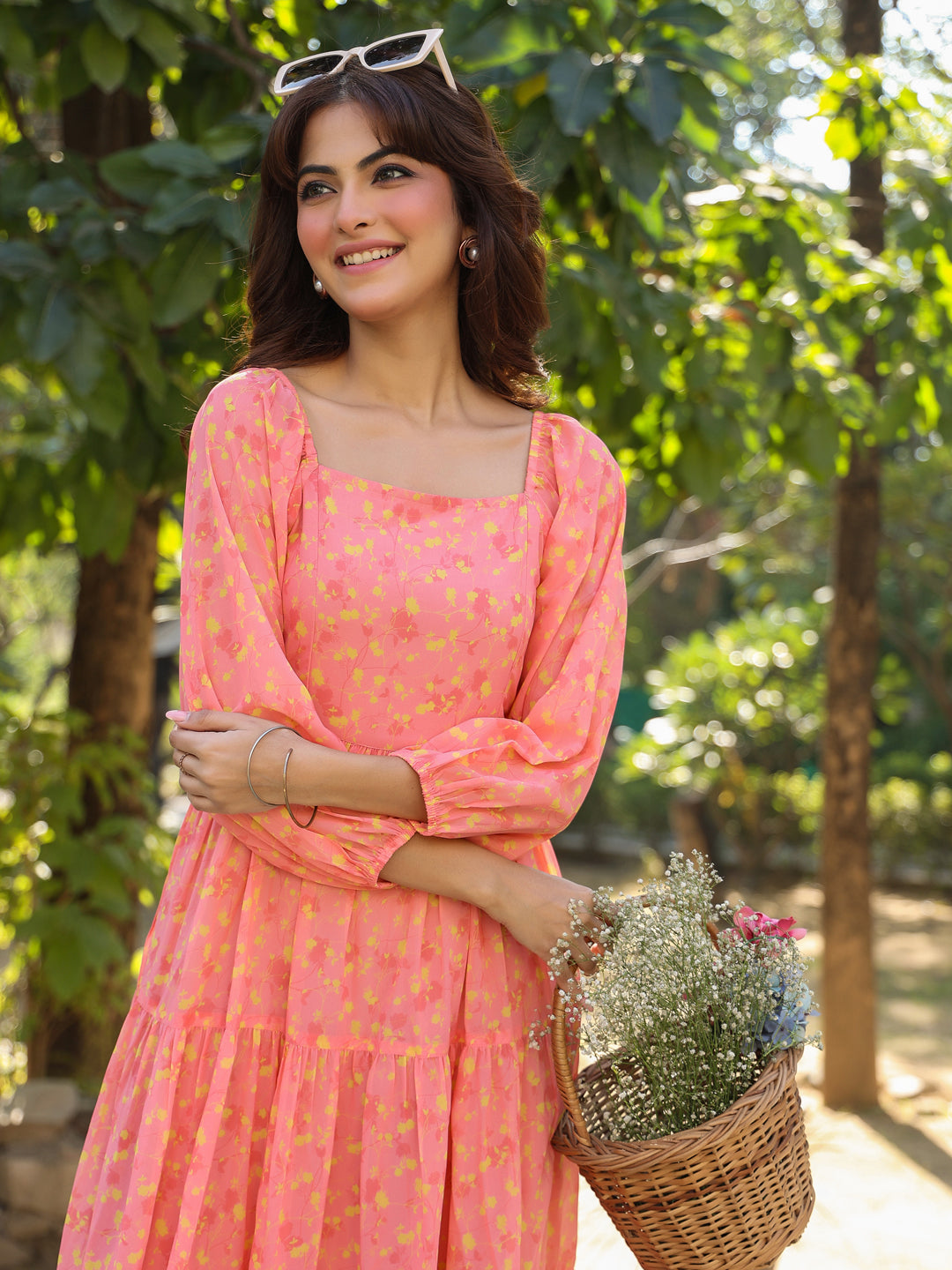 Women's Peach Georgette Floral Printed Tiered Dress