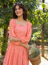 Women's Peach Georgette Floral Printed Tiered Dress