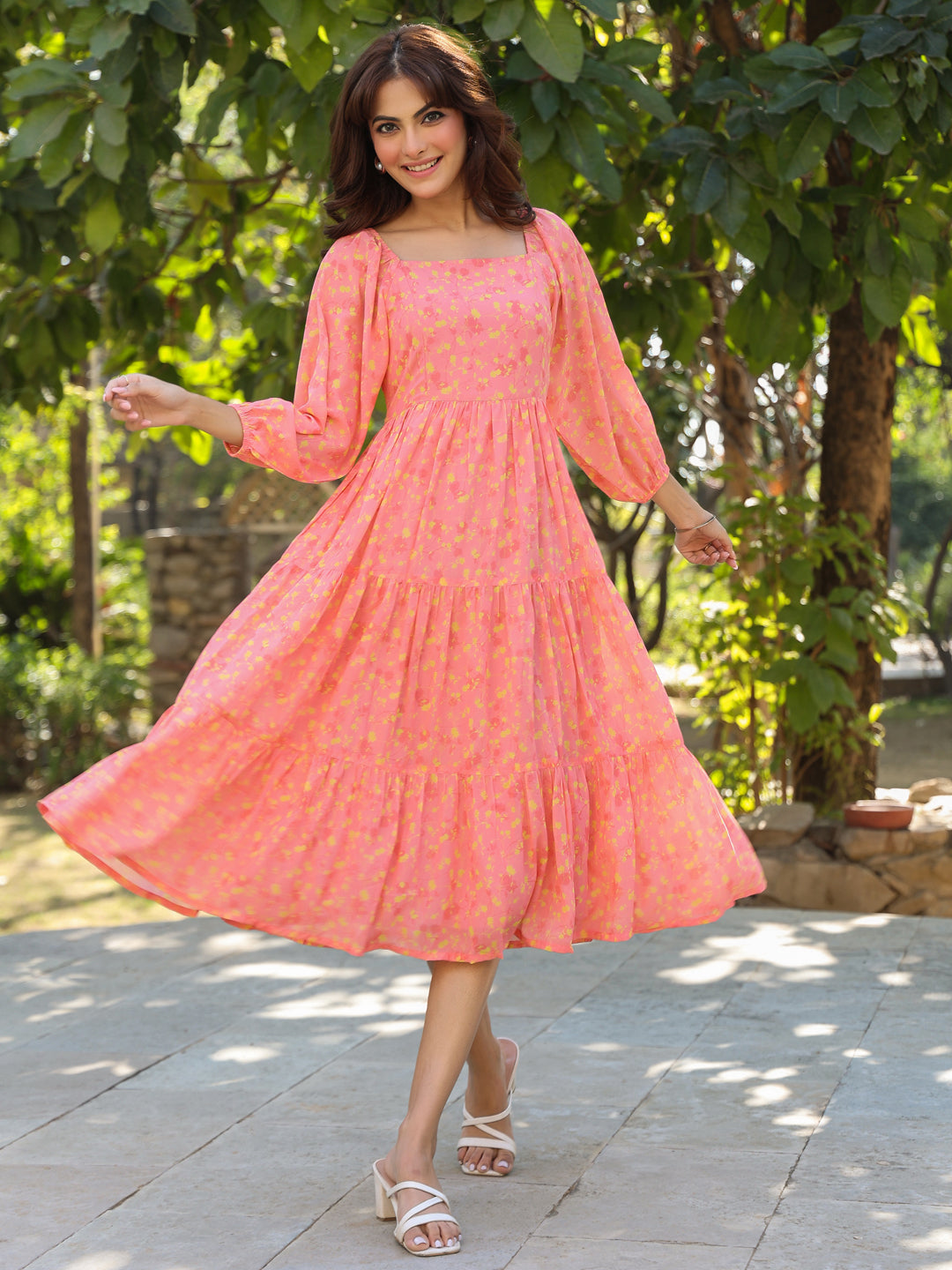 Women's Peach Georgette Floral Printed Tiered Dress