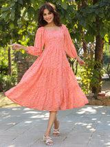 Women's Peach Georgette Floral Printed Tiered Dress