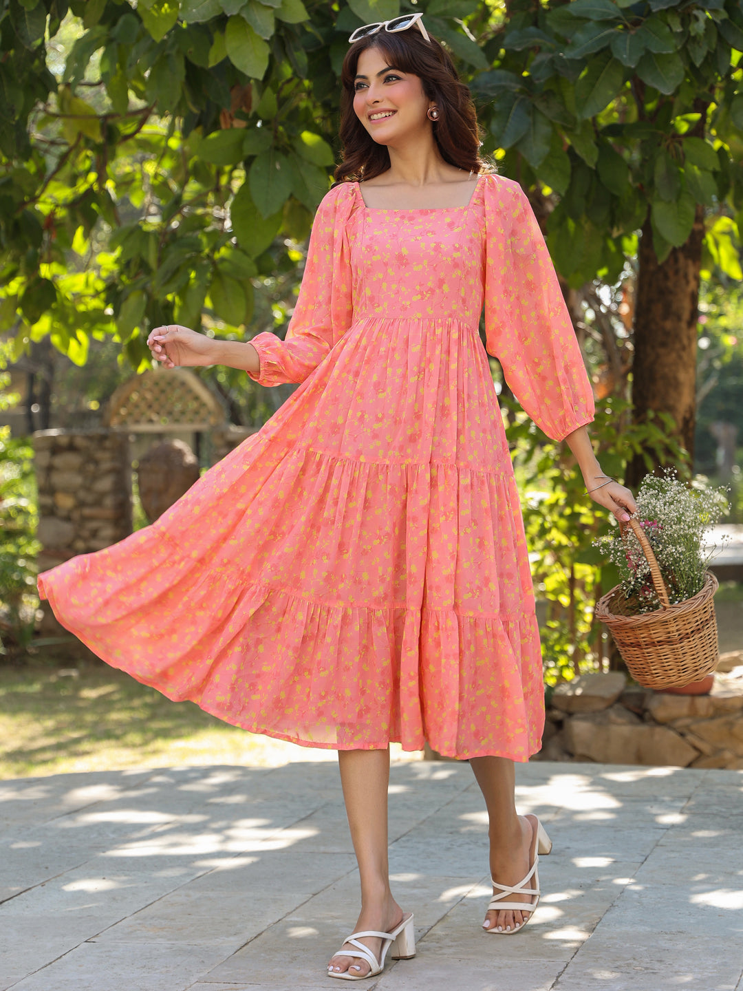 Women's Peach Georgette Floral Printed Tiered Dress
