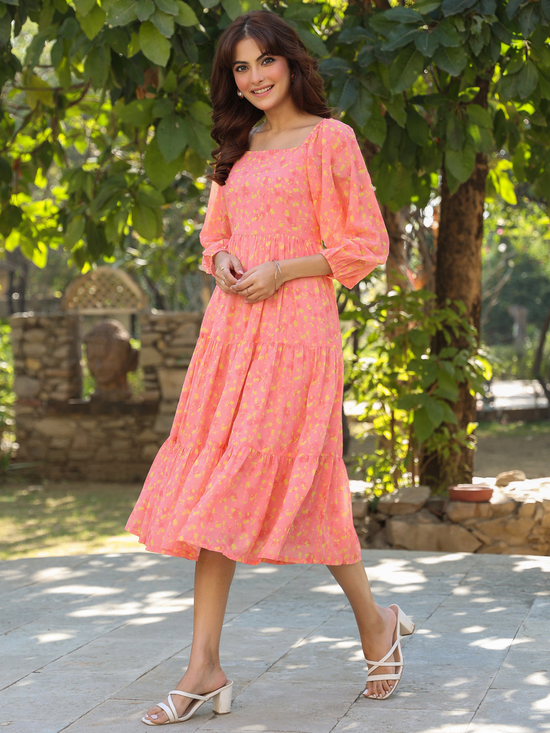 Women's Peach Georgette Floral Printed Tiered Dress